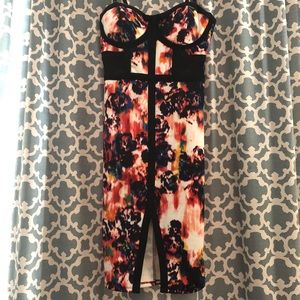 Multi-color floral bodycon dress.